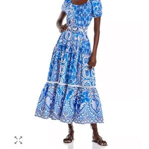 NWOT FARM Rio Tile Dream Puff Sleeve Belted Cotton Maxi Dress
